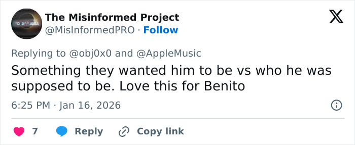 Tweet praising Bad Bunny's immaculate transformation and historical Grammy win, expressing support for Benito.