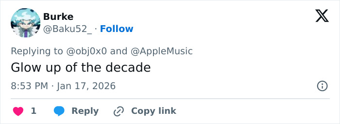 User tweet reacting to Bad Bunny's immaculate transformation after his historic Grammy win, calling it glow up of the decade.