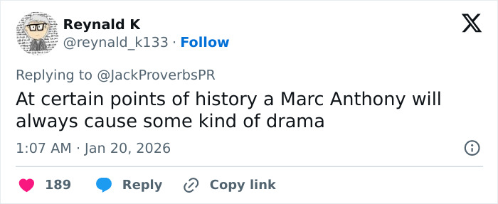 Tweet by Reynald K mentioning Marc Anthony and drama, referencing social media reactions to Brooklyn Beckham’s wedding accusations.