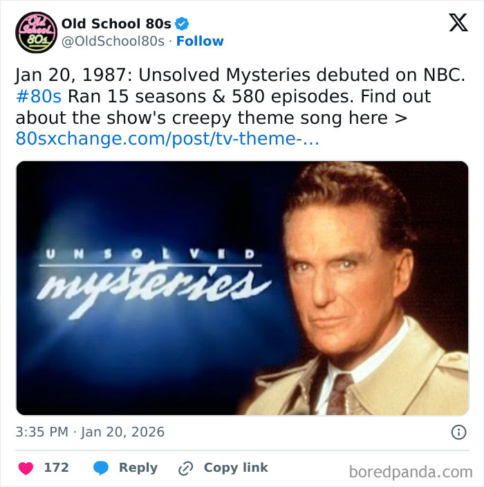 Tweet from Old School 80s about the '80s show Unsolved Mysteries, part of nostalgic content loved by 300K+ followers.