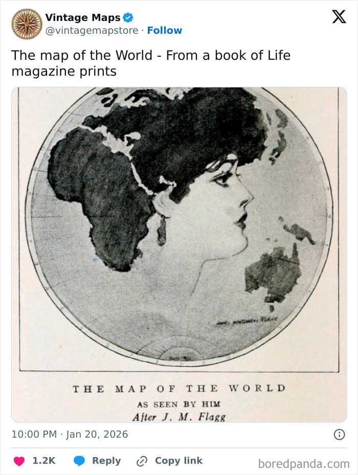 Vintage artistic map showing the world as a woman’s face, an example of cool maps for cartography enthusiasts and beyond.