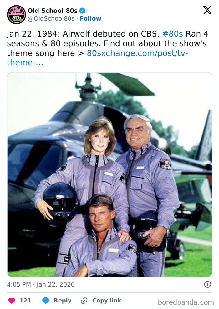 Three actors in vintage pilot uniforms posing in front of a helicopter, reflecting 80s nostalgia and classic TV shows.