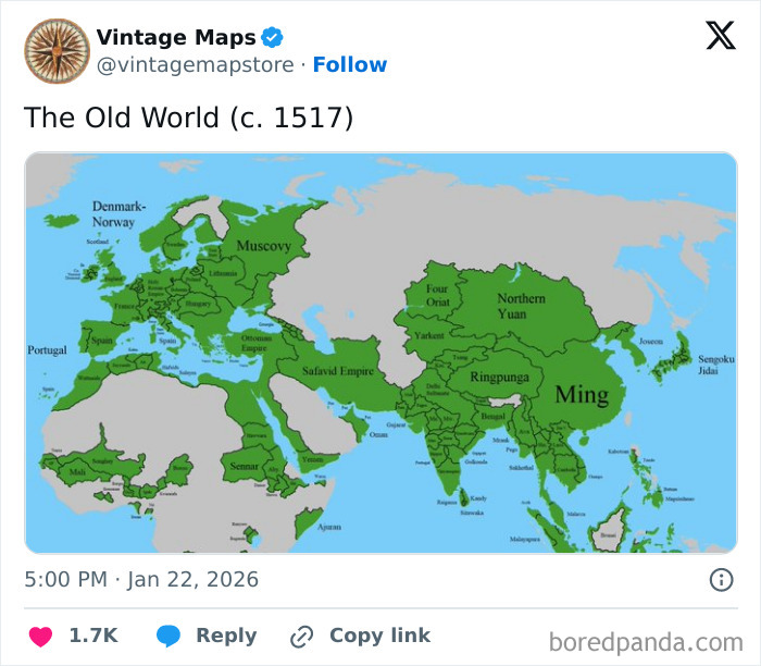 Vintage map of the Old World from 1517 showing historical empires and regions in green on a blue background.
