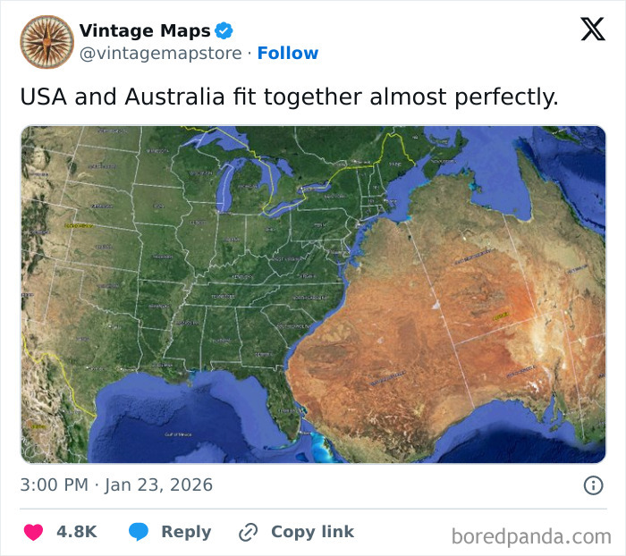 Satellite image showing USA and Australia fitting together, illustrating cool maps for cartography enthusiasts.