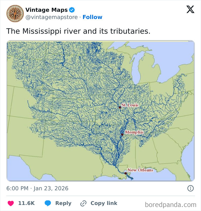 Map showing the Mississippi River and its tributaries across the central United States, a cool map for cartography fans.
