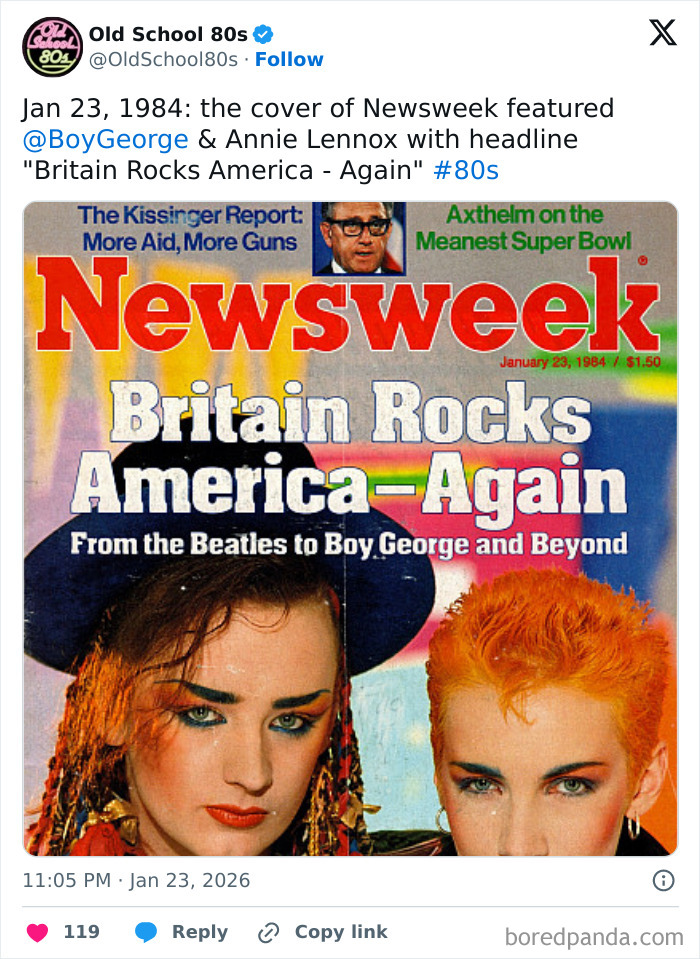 Newsweek cover from 1984 with Boy George and Annie Lennox, popular among over 300K people following 80s nostalgia.