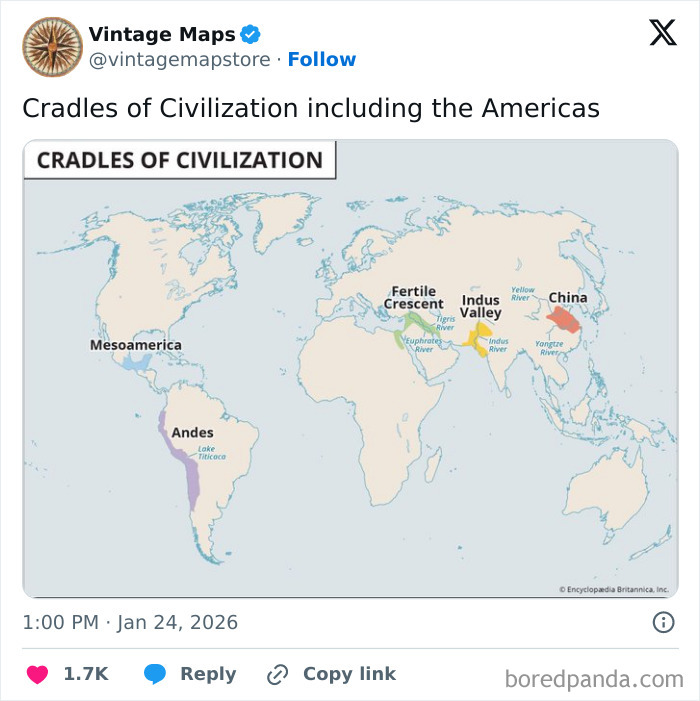 World map highlighting cradles of civilization with key regions noted in a vintage style cool map for cartography enthusiasts.