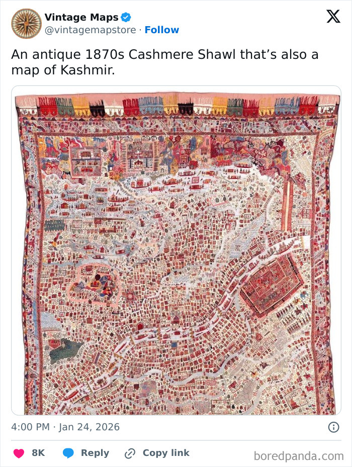 Antique 1870s cashmere shawl featuring a detailed map of Kashmir with intricate patterns and landmarks.