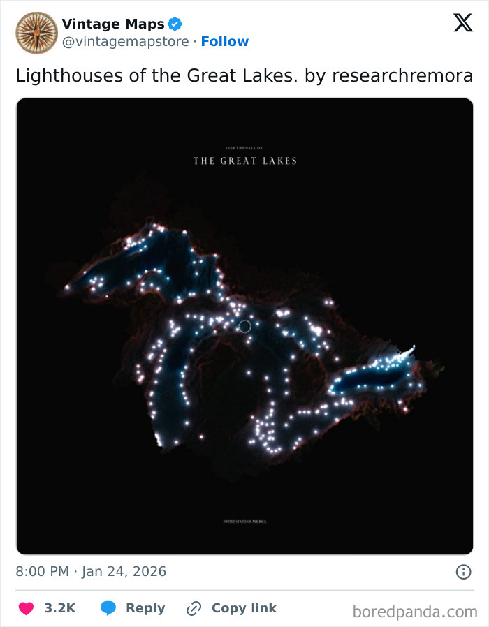 Map showing illuminated lighthouses around the Great Lakes, highlighting unique and cool maps for cartography enthusiasts and casual viewers.