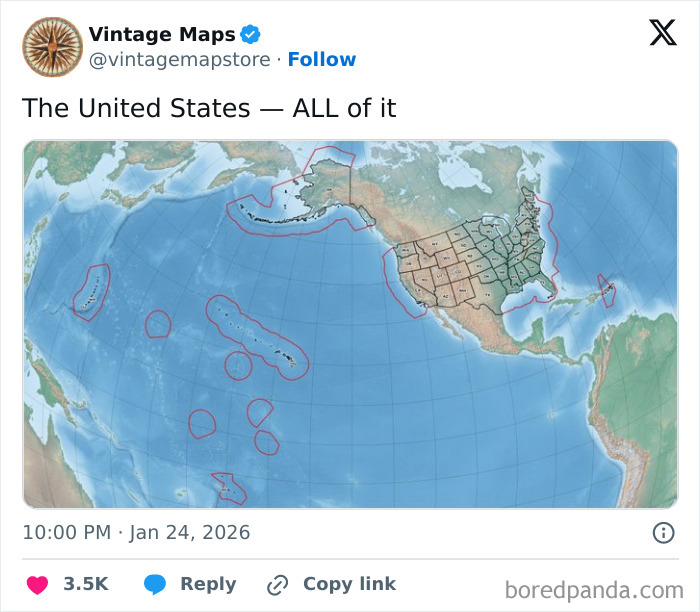 Map showing all territories of the United States outlined across the Pacific Ocean in a cool maps collection