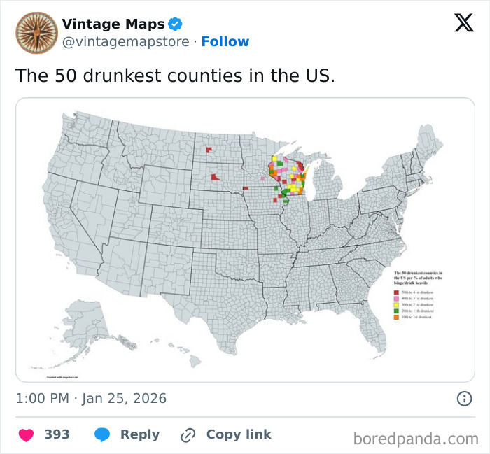 US map highlighting the 50 drunkest counties with color-coded data, a cool map for cartography enthusiasts to enjoy.