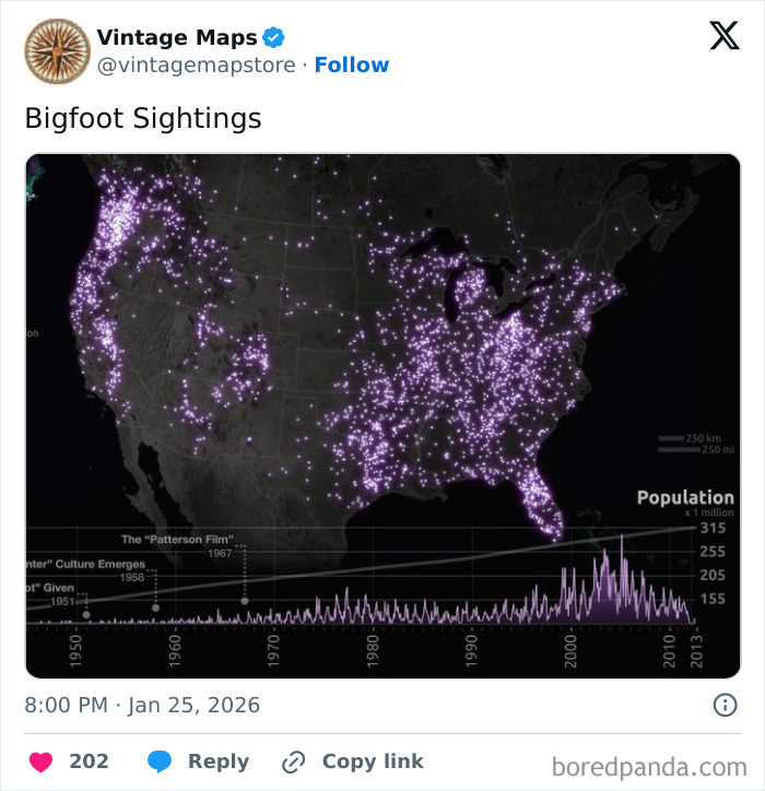 Map showing Bigfoot sightings across the US with data points highlighted, featured in cool maps for cartography enthusiasts.