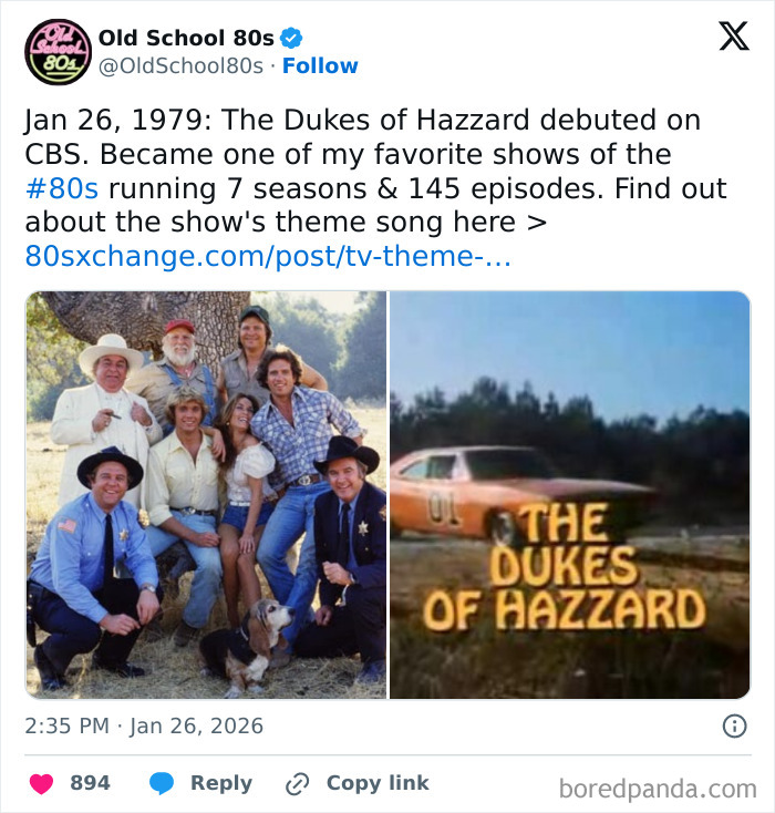 Screenshot of an X page post by Old School 80s featuring The Dukes of Hazzard, popular with over 300K followers reminiscing the ‘80s.