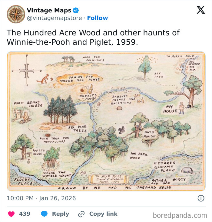 Vintage illustrated map of the Hundred Acre Wood featuring Winnie-the-Pooh landmarks, a cool map for cartography enthusiasts.