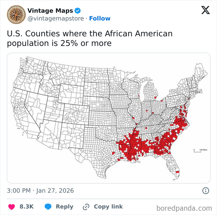 U.S. map highlighting counties with 25% or more African American population, a cool map for cartography enthusiasts.
