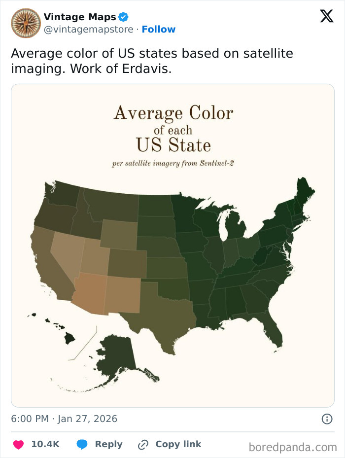 Map showing the average color of each US state using satellite imagery, featured in cool maps for cartography enthusiasts.