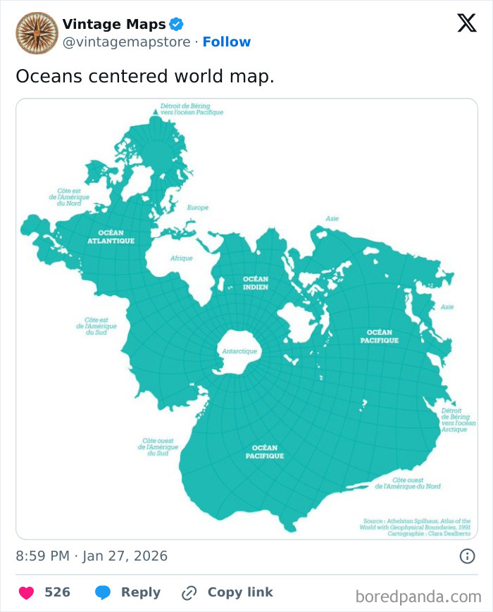 Oceans centered world map highlighting continents and oceans in a unique cartography style for map enthusiasts.