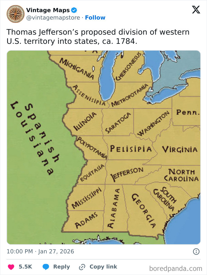 Vintage map showing Thomas Jefferson’s proposed division of western U.S. territory into states in 1784, a cool map for cartography fans.