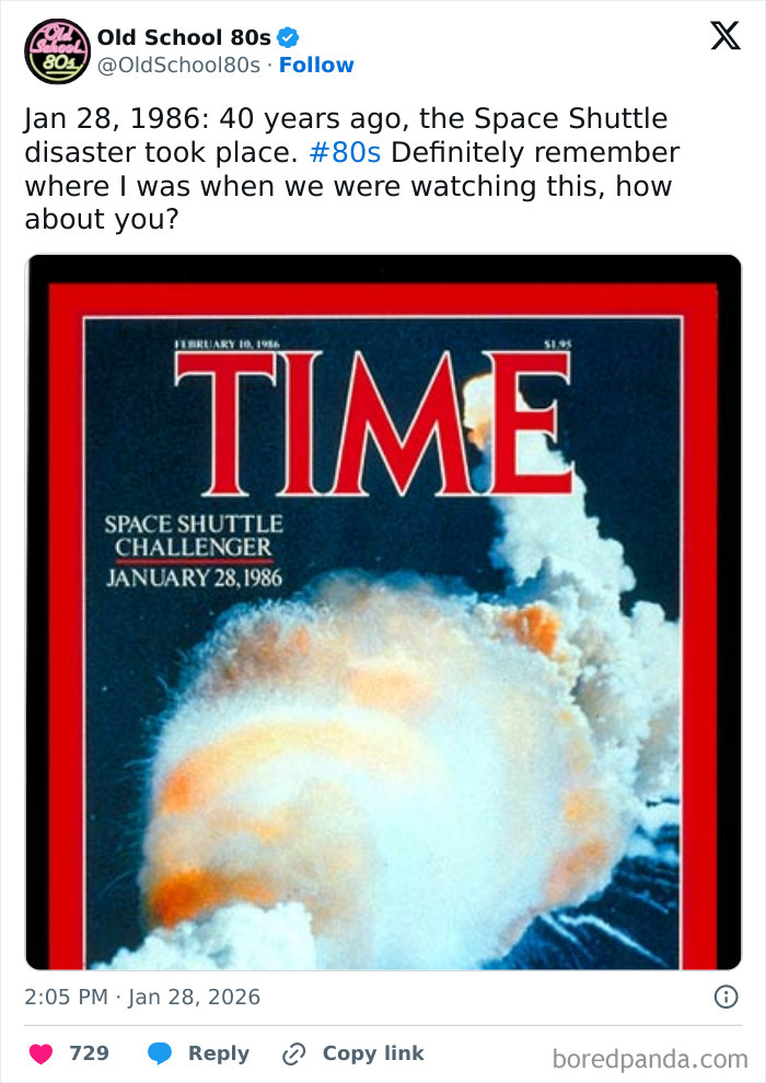 Time magazine cover featuring the Space Shuttle Challenger explosion, shared by an Over 300K people 80s nostalgia X page.