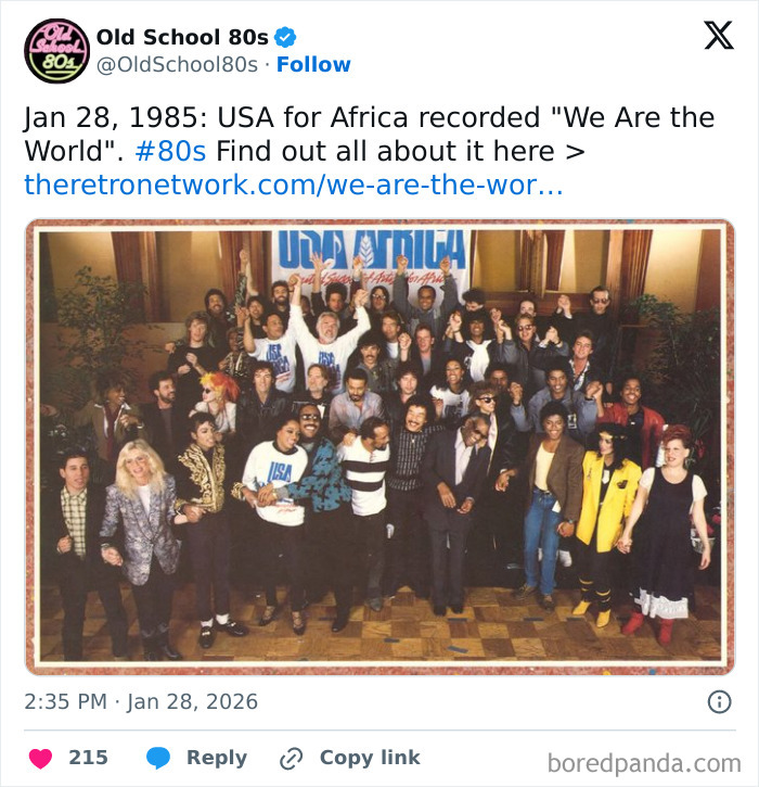 Group photo of USA for Africa recording We Are the World in 1985 posted by popular 80s nostalgia X page.