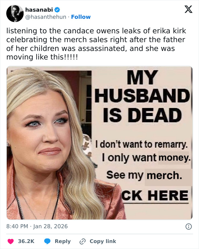 Tweet showing a woman with blonde hair beside text about Erika Kirk's suspicious way of changing husband's office after backlash.
