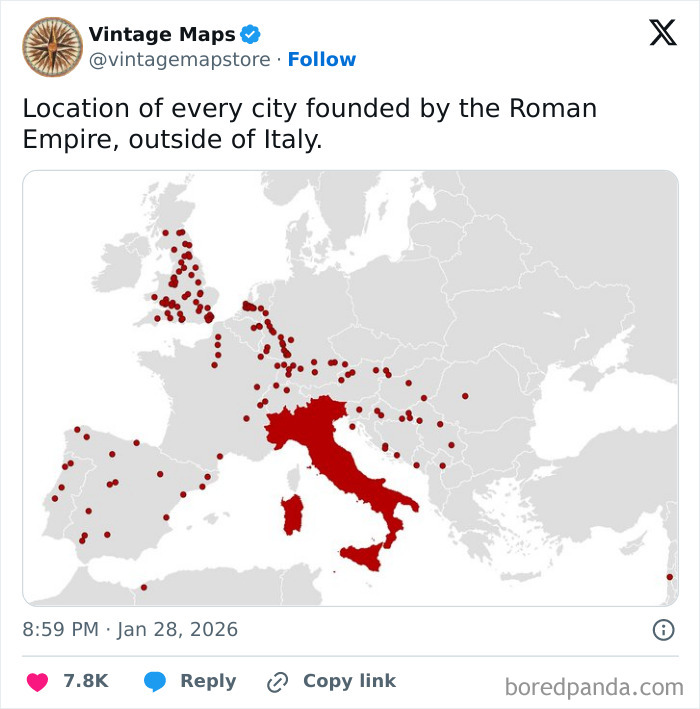Map showing locations of cities founded by the Roman Empire outside Italy with red dots on a Europe map, cool maps collection.
