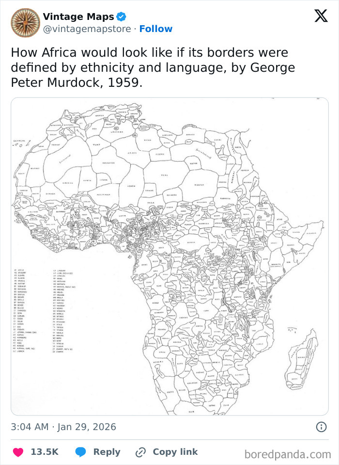 Black and white vintage map of Africa showing borders defined by ethnicity and language for cool maps and cartography fans.