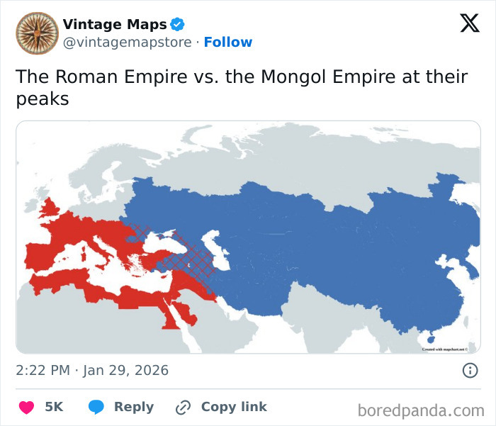Map showing the Roman Empire and the Mongol Empire at their peaks highlighting historical boundaries in a cool maps style.