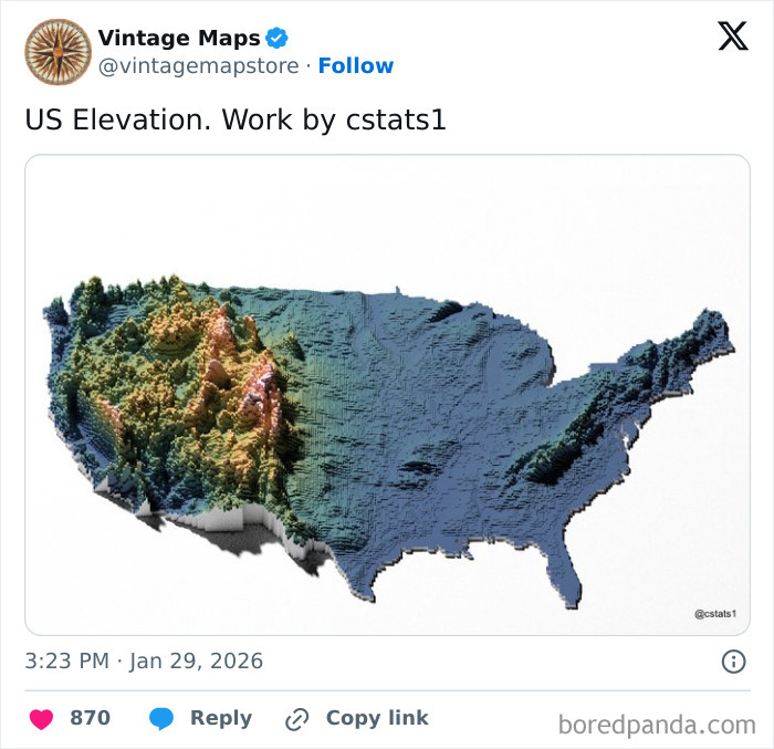 3D US elevation map showcasing terrain height variations, perfect for fans of cool maps and cartography enthusiasts.