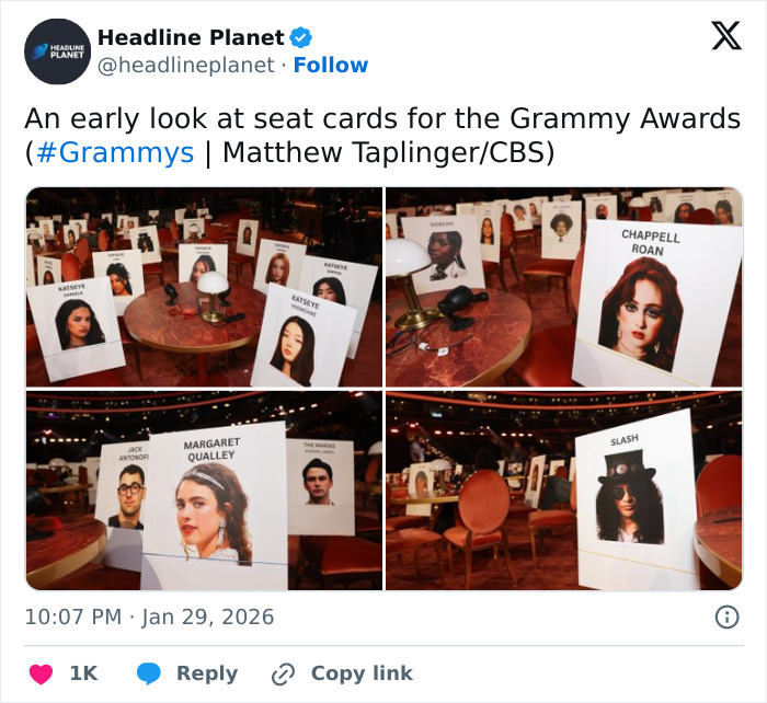 Grammy seatfiller area showing reserved seat cards with artist photos and the strict event seating arrangement.