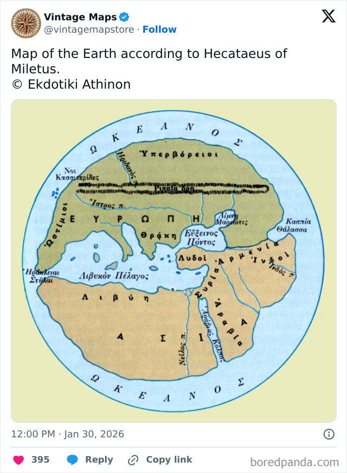 Ancient map of the Earth by Hecataeus of Miletus showcasing early cartography in a circular design.