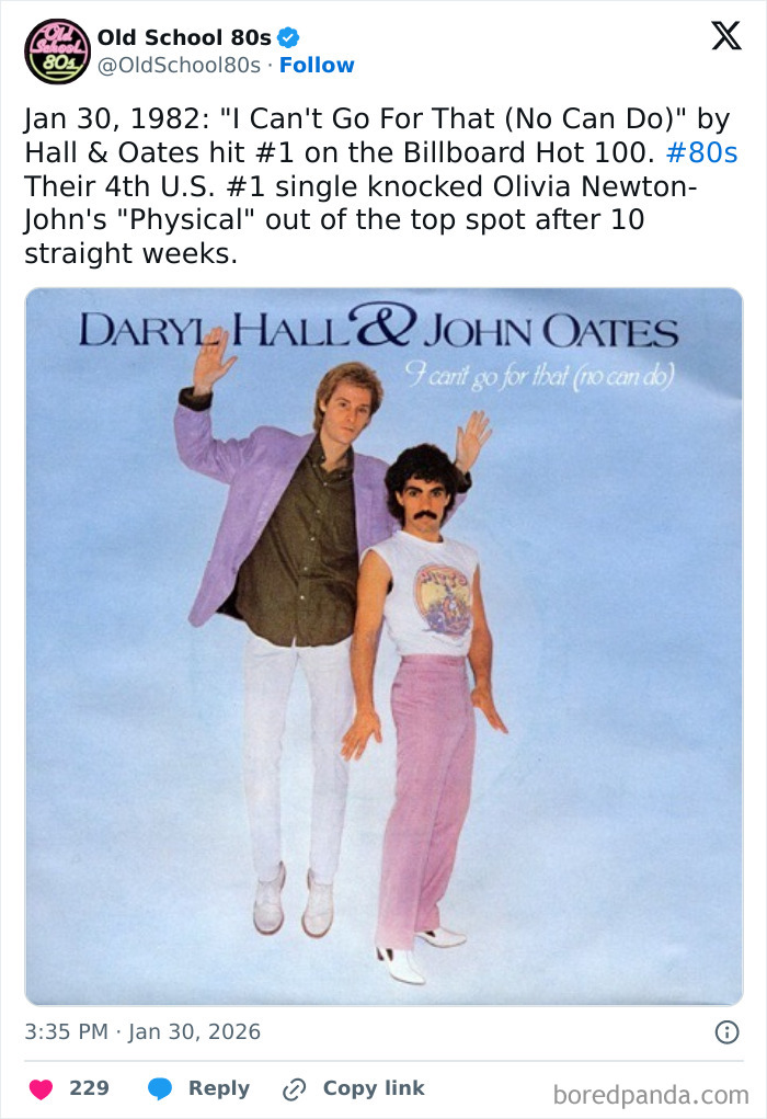 Old School 80s X page post featuring Daryl Hall and John Oates from the 80s song I Can't Go For That album cover.
