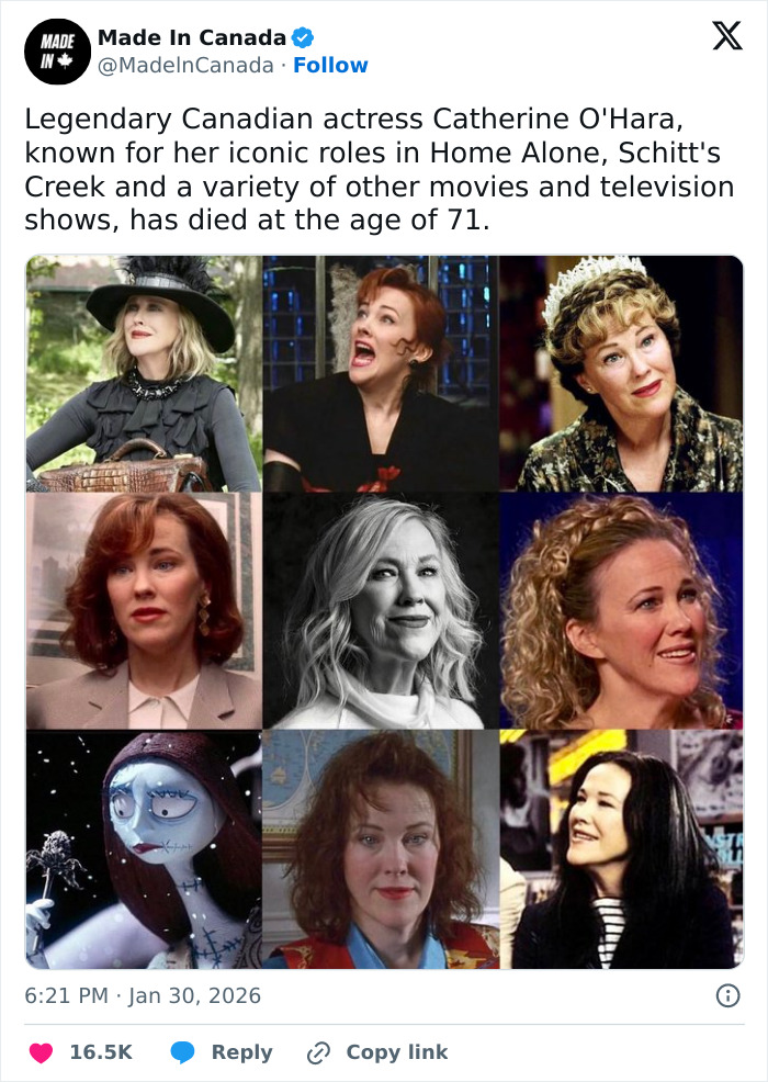 Collage of Catherine O'Hara's roles with mention of colon cancer breakthrough linked to illness affecting celebrities.