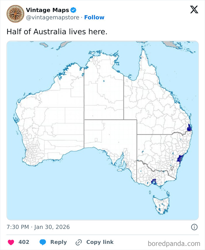 Map of Australia showing population density with highlighted urban areas for a cool map from cartography enthusiasts collection.