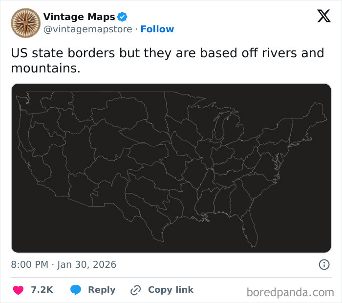 US map showing state borders following natural features like rivers and mountains in a cool map style.