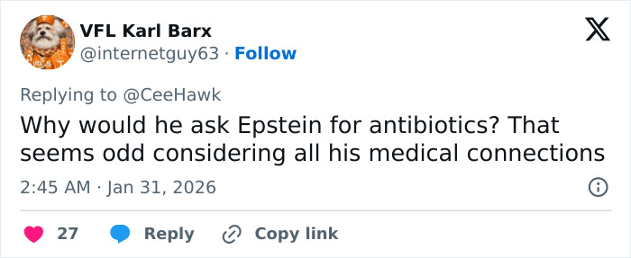 Tweet discussing Epstein files alleging Bill Gates caught STD and secretly tried to give Melinda antibiotics.