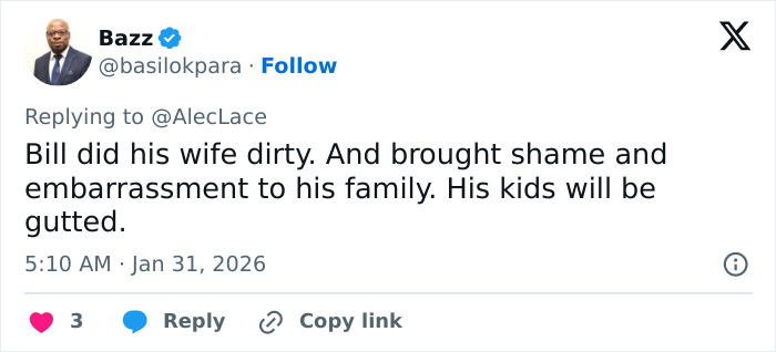 Screenshot of a social media reply discussing Bill Gates and allegations involving STD and antibiotics in family matters.