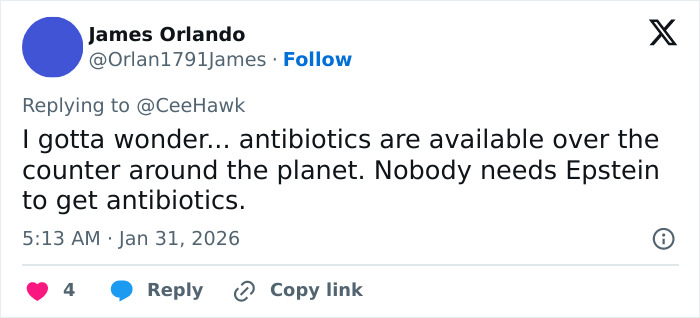 Twitter reply discussing antibiotics availability and referencing Epstein in a conversation about Epstein files and Bill Gates.