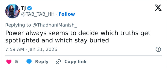 Tweet discussing power dynamics and the suppression of truths related to Epstein files and Bill Gates STD allegations.