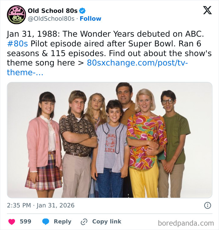 Cast of The Wonder Years from the 80s TV show, featured on popular 80s nostalgia X page with over 300K followers.
