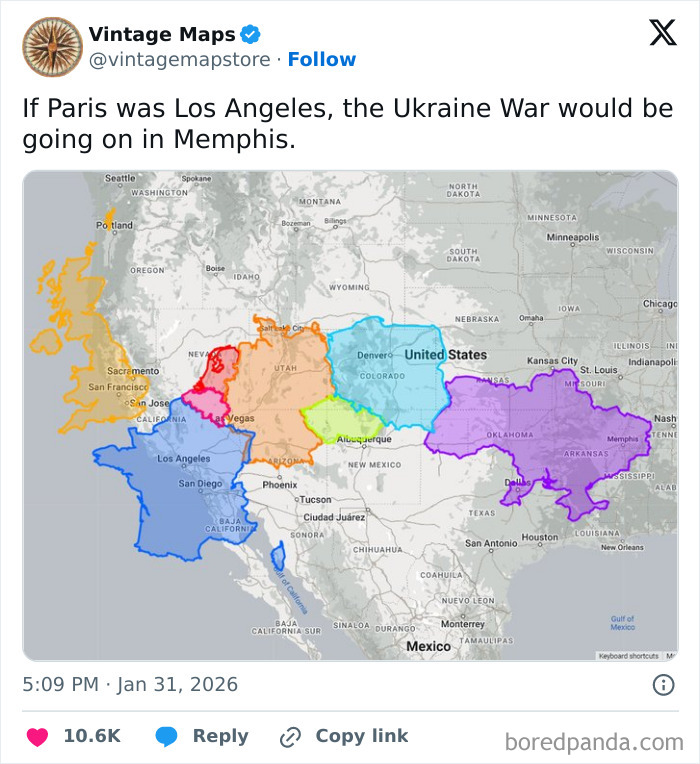 Overlay map showing European countries resized and relocated over the United States for cartography enthusiasts.