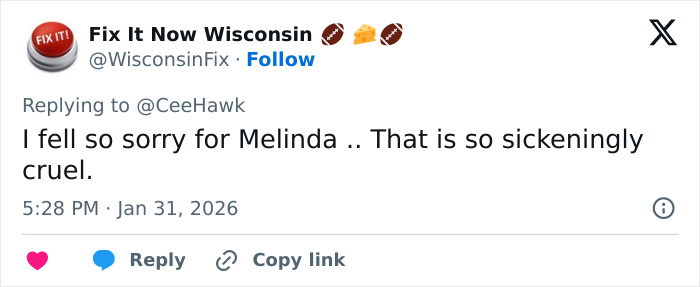 Tweet expressing sympathy for Melinda related to Epstein files alleging Bill Gates caught an STD and tried to give antibiotics secretly.