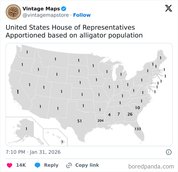 Map of the United States showing House of Representatives seats apportioned by alligator population, a cool map example.