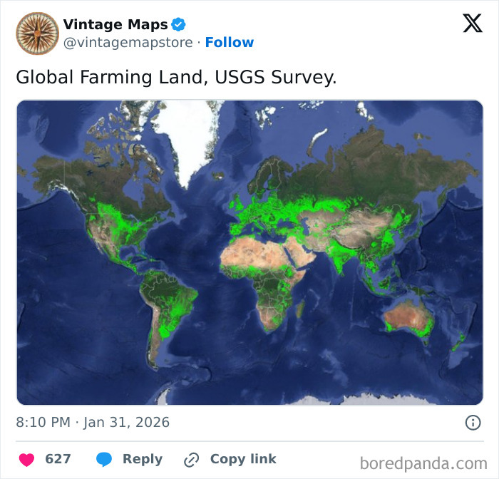 World map highlighting global farming land in bright green for cool maps enthusiasts and cartography fans.