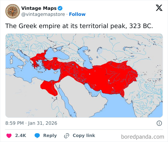 Map showing the Greek empire at its territorial peak in 323 BC highlighted in red, a cool map for cartography enthusiasts.