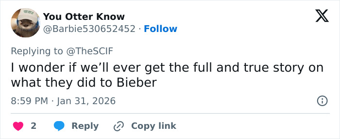 Tweet discussing disturbing theory linking Justin Bieber to Epstein after fans connect Yummy music video to email.