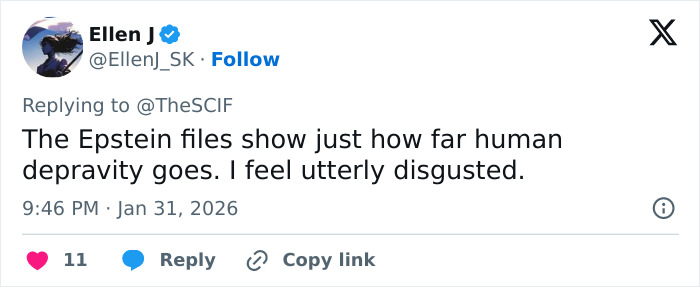 Tweet from Ellen J reacting to Epstein files with a statement about human depravity and disgust related to Epstein and Bieber theory.