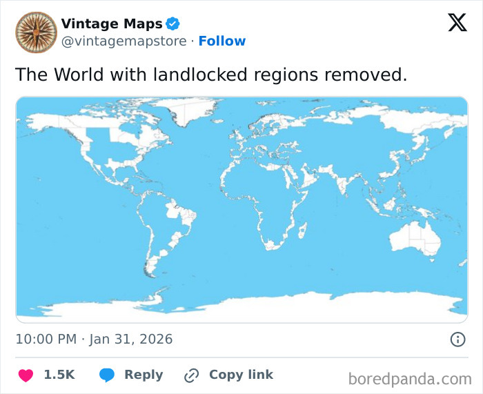 World map showing only coastal regions with landlocked areas removed, highlighting unique cool maps for enthusiasts.