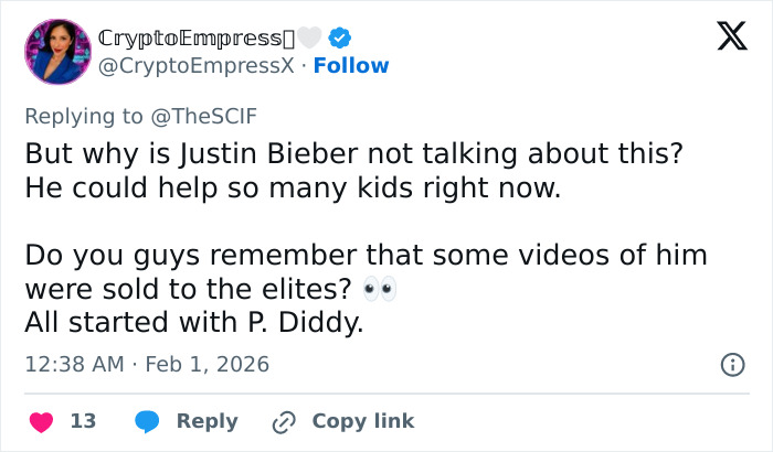 Tweet discussing Justin Bieber videos linked to elites, referencing P. Diddy amid Epstein-related disturbing theory.