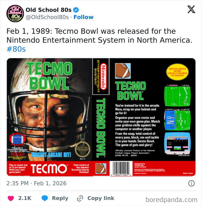 Tecmo Bowl game cover image from the 80s featured on a popular X page with over 300K followers.